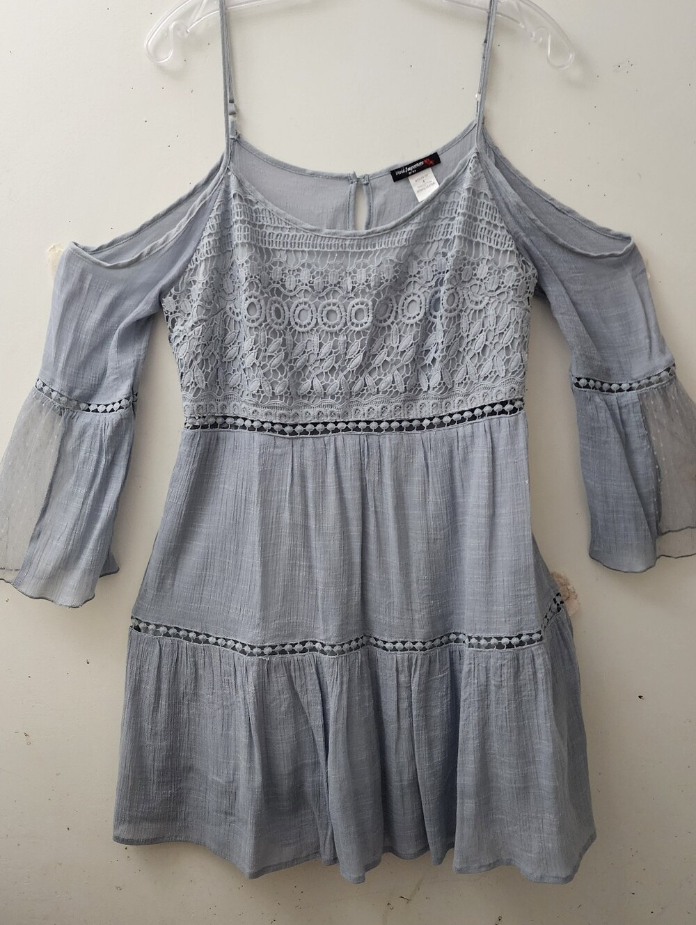 Dusty Blue Cold Shoulder Dress Gauze Lace Cottagecore Boho Fairy Festival Hippie